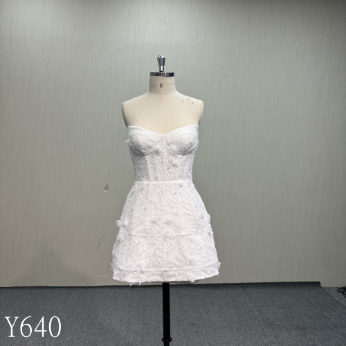 Y640 Strapless Sweetheart 3D Floral Applique Mini Wedding Dress