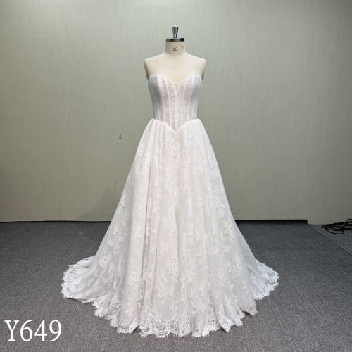 Y649-Romantic All-Over Floral Lace Open Back Bridal Gown with V-Shaped Waistline