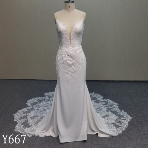 Y667 Plunging V-Neck Spaghetti Strap Lace Crepe Mermaid Wedding Dress