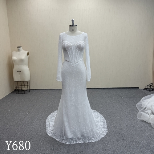 Y680 3-Piece Long Sleeve Sheer Corset Lace Mermaid Wedding Dress