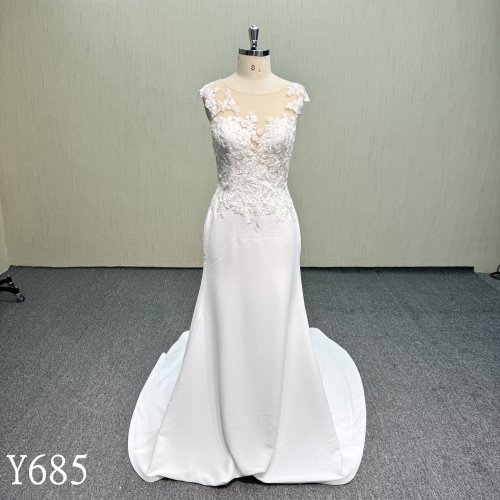 Y685 Elegant Illusion Neck Lace Appliqué Crepe Fit-and-Flare Wedding Dress
