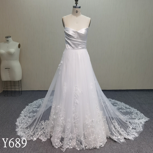 Y689 Versatile Satin Bodice Bridal Gown with Removable Floral Lace Overskirt and Sweep Train
