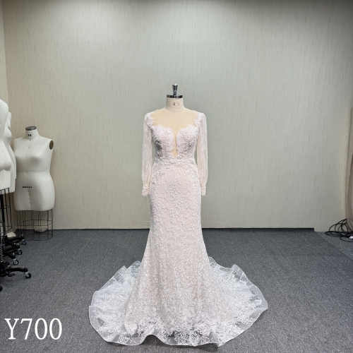 Y700 Exquisite Long Sleeve Illusion Deep V-Neck Beaded Lace Mermaid Wedding Dress