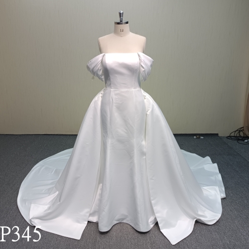 P345 2-Piece Off-the-Shoulder Draped Sleeve Satin Ballgown Wedding Dress