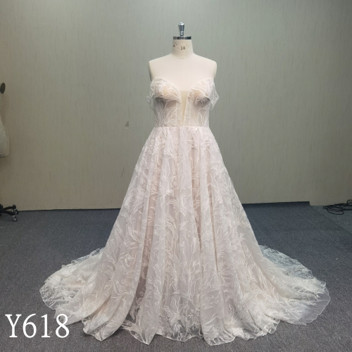 Y618-Sheer Corset Bodice Spaghetti Strap Lace Dress with Full Tulle Overlay