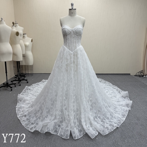 Y772 Classic A-Line Bridal Gown with Cat Eye Molded Cups and Sheer-Boned Bodice