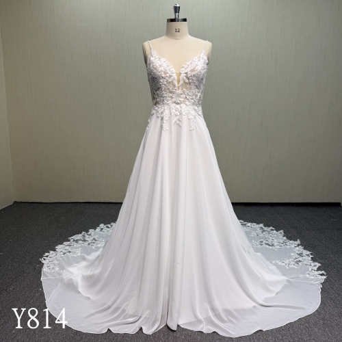 Y814 Chiffon Wedding Dress - Beaded Spaghetti Straps & Sheer Lace Back Bridal Gown