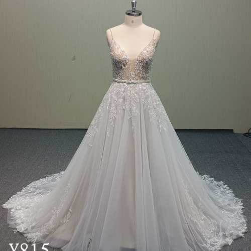 Y815 Beaded Spaghetti Strap Champagne Wedding Dress with Floral Lace Appliqué Train