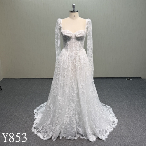 Y853 Ethereal Long Sleeve Lace Bridal Gown with Draped Sleeves and Corset Bodice
