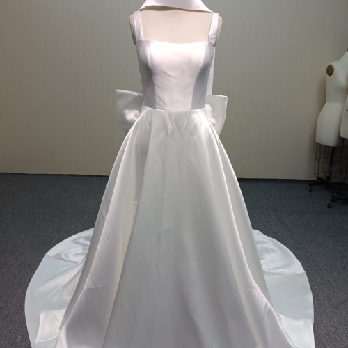 P355 Classic Mikado Satin Gown with Convertible Scarf Collar and Beautiful Deep Back Bow