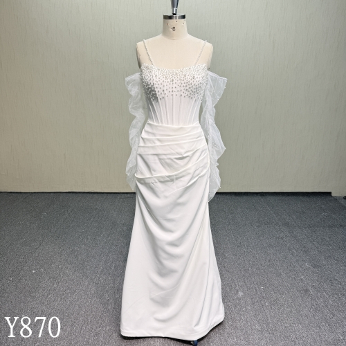 Y870 Pearl Beaded Corset Sheath Dress with Detached Tulle Flutter Sleeves