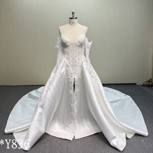 Y836 Luxury Mikado Satin Ballgown with Hand-Beaded Bodice, Center Pearls, and Front Slit