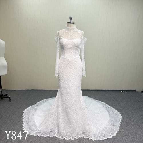 Y847 All-Over Beaded High Neck Long Sleeve Mermaid Dress with Dramatic Circular Train
