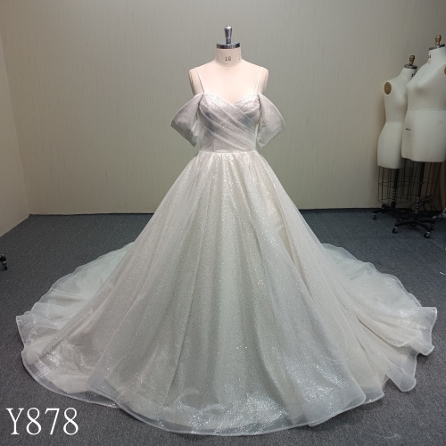 Y878 Glamorous Sparkly Tulle Wedding Dress with Dropped Sleeves and Corset Lace Back