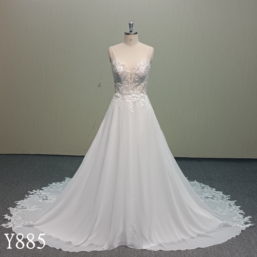 Y885 Flowy Chiffon A-Line Bridal Dress with 3D Floral Appliqué and Sheer Cathedral Train