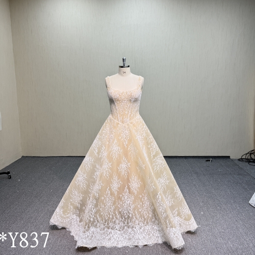 Y837 Vintage Champagne Chantilly Lace A-Line Gown with Deep U-Back