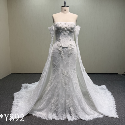 Y892 Sculptural 3D Floral French Lace Mermaid Gown with Detachable Wrap Skirt