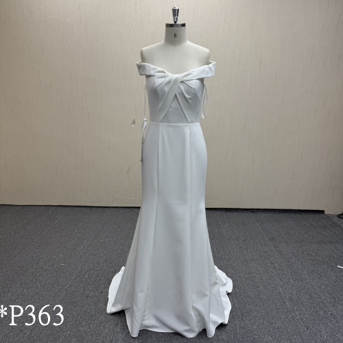 P363 Minimalist Ivory Crepe Dress with Off-the-Shoulder Sleeves.
