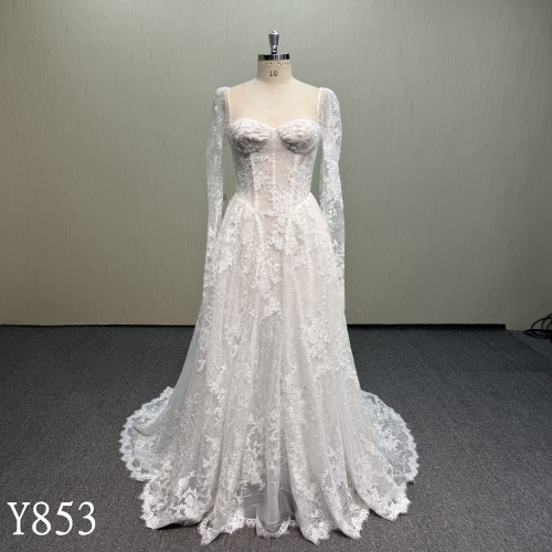Y853 Bohemian Chic Full Lace Bridal Dress for Modern Brides.
