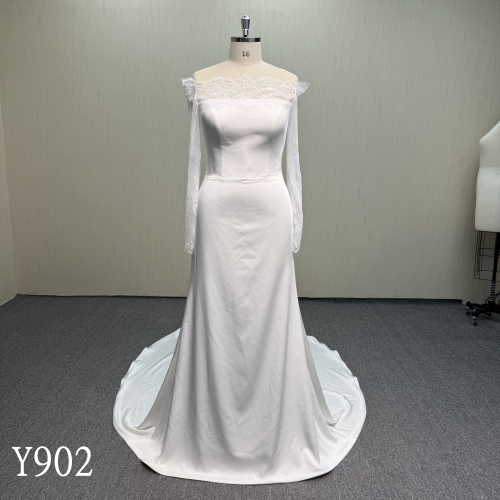 Y902 Illusion Neckline and off shoulder Satin Mermaid Wedding Dress