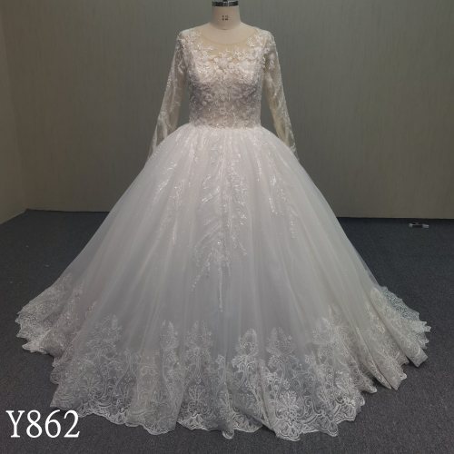 Y862 Celestial Grace: Sparkle Mesh Floral Lace Gown with Covered Buttons Down the Back