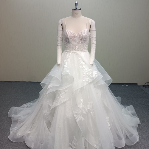 Y879 Cloud Dancer: Cascading Stardust Tulle Ballgown with Detached Sheer Sleeves