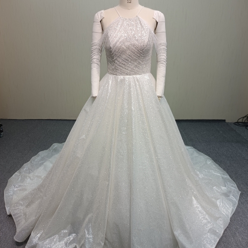 Y880 All-Over Shimmer Halter Gown - Detached Sleeves & Massive Sweeping Train