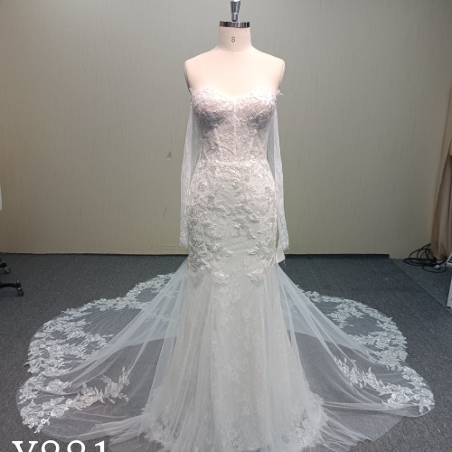 Y881 Enchanted Goddess: Draped Sheer Cape-Sleeves & 3D Floral Illusion Sweeping Train