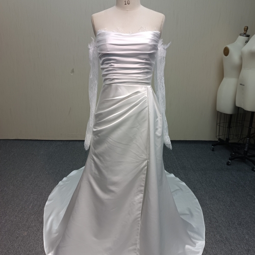 Y882 Classic Elegance: Sleek Strapless Satin Gown with Detached Lace Sleeves & Lace-Up Back