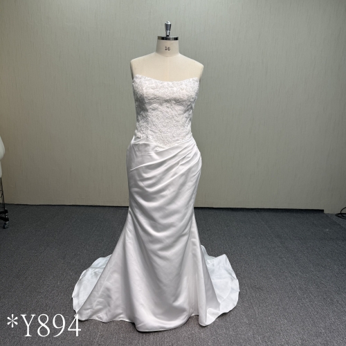 Y894 Plus Size Satin Gown with Full Lace Bodice and Pearl Button Down Back