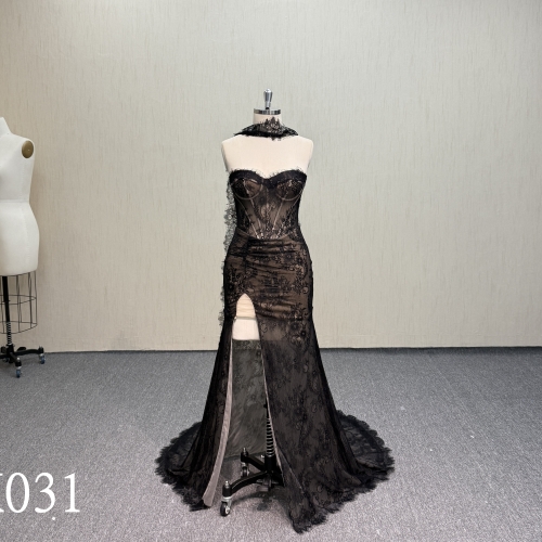 K031 Black Lace High Slit Bridal Gown with Sweetheart Neckline.