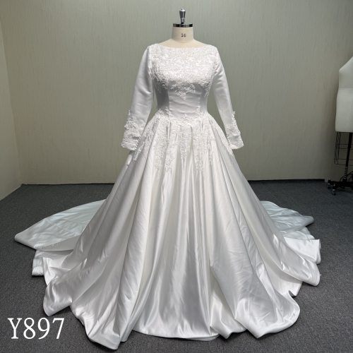Y897 Modest Muslim High Neck Lace Satin Wedding Dress.