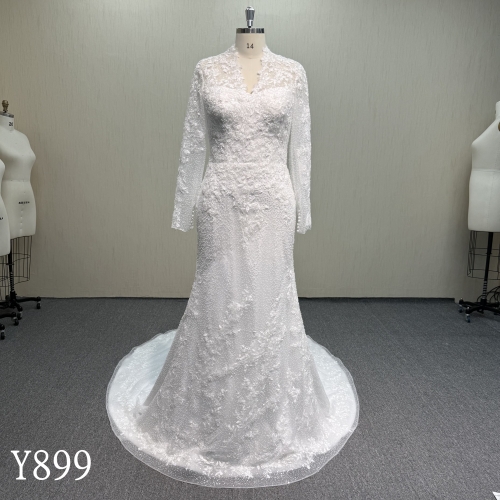 Y899 Sparkling High Neck Mermaid Fit-and-Flare Lace Wedding Gown.