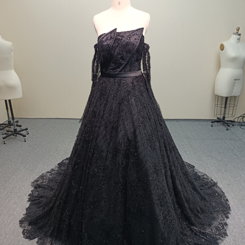 Y933 Romantic Dark Bridal Dress with Draped Sleeves and Floral Lace.