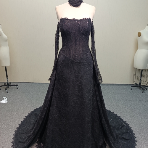Y934 Stunning Lace-Up Corset Back Black Evening Gown.