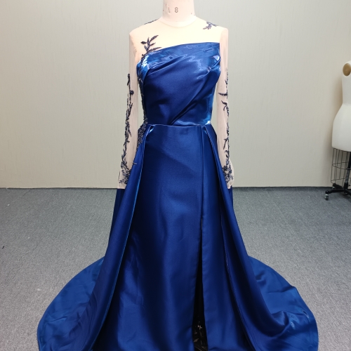 Y935 Long Sleeve Blue Wedding Dress with Button Back and Train.