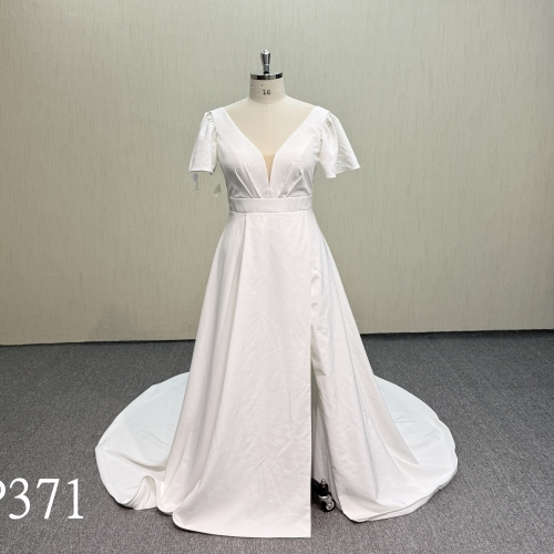 P371 Short Sleeve Deep V-Neck Satin Dress with Corset Back.