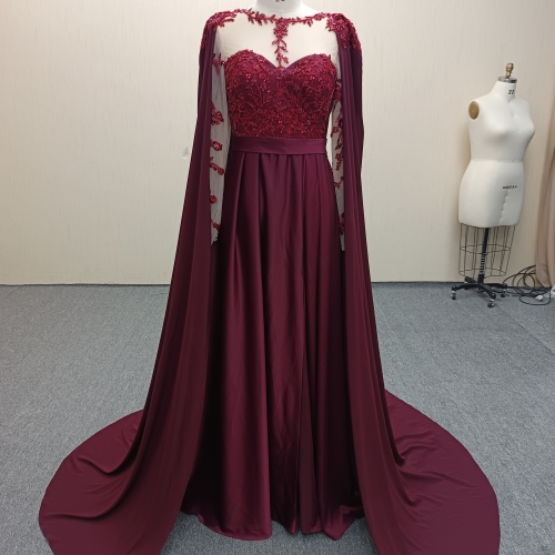 Y936 Elegant Burgundy Cape A-Line Wedding Dress.