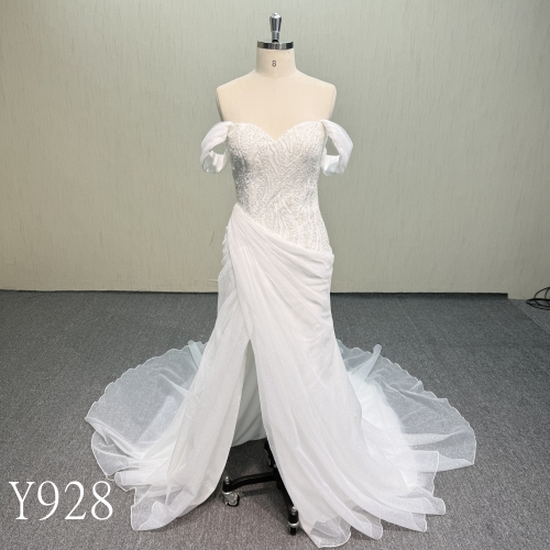 Y928 Sleeveless Off-Shoulder Dress with Beaded Bodice and Train.