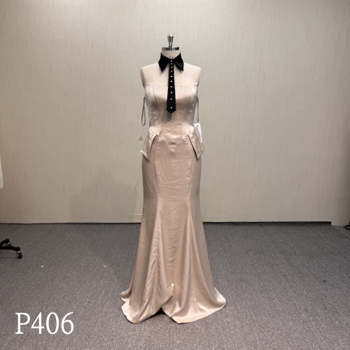 P406 Modern Champagne Satin Dress with Black Necktie Detail.