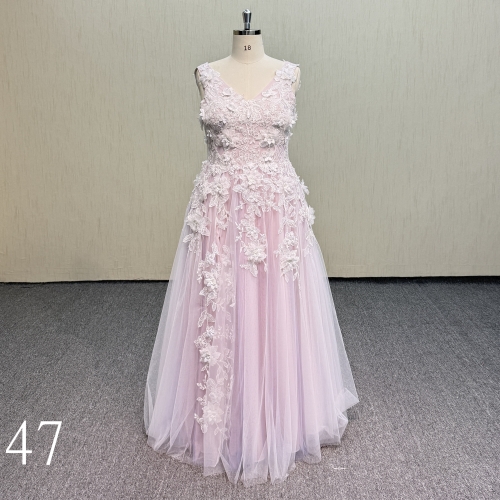 Y947 Flowy Blush Pink Tulle Skirt Dress with Lace Details.