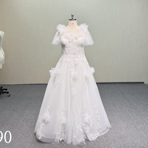 Y890 Chic V-Neck Sheer Sleeve Wedding Dress with 3D Lace Details.
