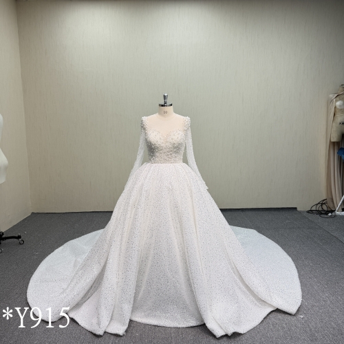 Y915 Long Sleeve Beaded Lace Ballgown with Sweep Train.