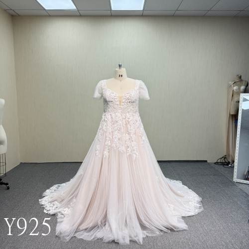 Y925 V-Neck Short Sleeve Tulle Dress with Pearl Button Back