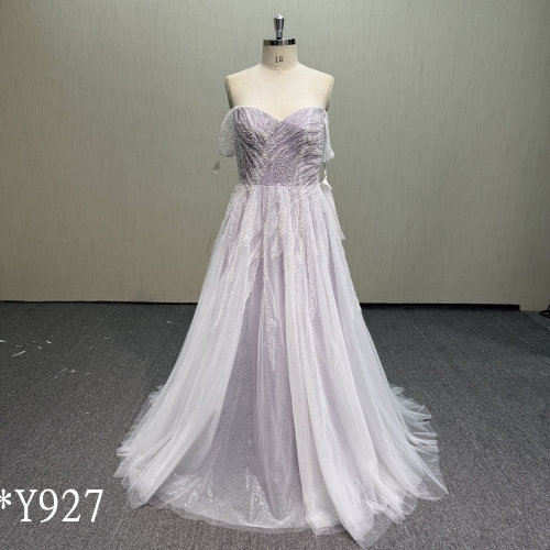 Y927 Light Purple Bridesmaid Dress with Lace Applique.