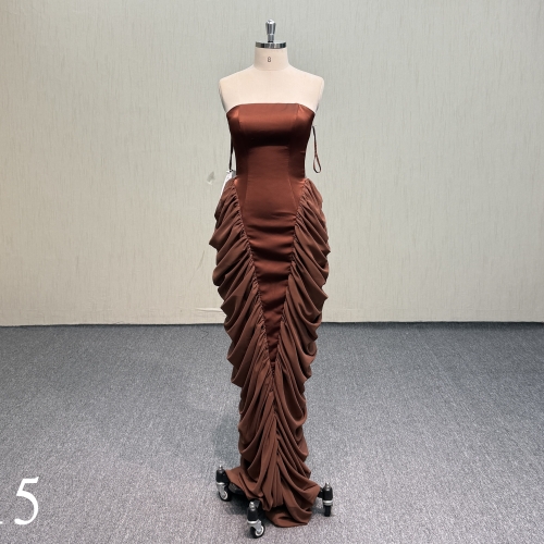 P415 Chocolate Brown Strapless Evening Dress with Lace-up Corset Back and Side Ruching