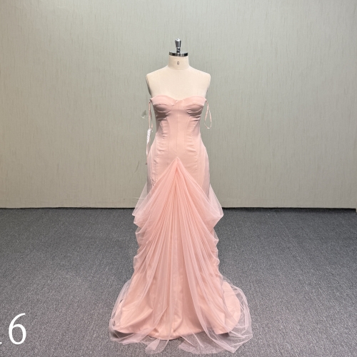P416 Peach Pink Strapless Sweetheart Mermaid Dress with Draped Tulle Skirt