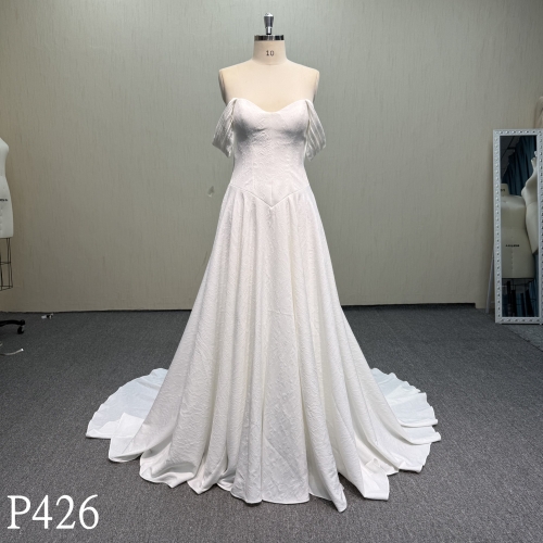 P426 Modern Textured A-Line Bridal Gown with Draped Off-Shoulder Sleeves and Lace-Up Corset Back