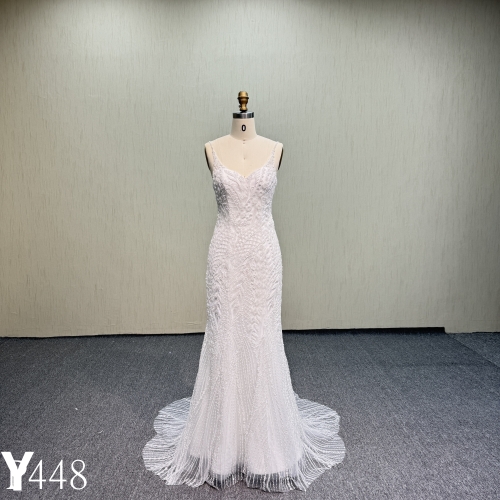 Y448 Sparkling Fully Beaded Fit-and-Flare Wedding Dress with Spaghetti Straps and Deep V-Back