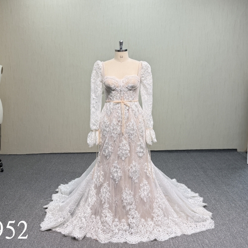 Y952  Champagne Fit-and-Flare Dress with Cathedral Lace Train.